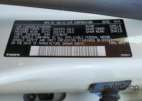 2012 Volvo Xc60 3.2 z USA, uszkodzony, nr VIN YV4952DL8C2281284